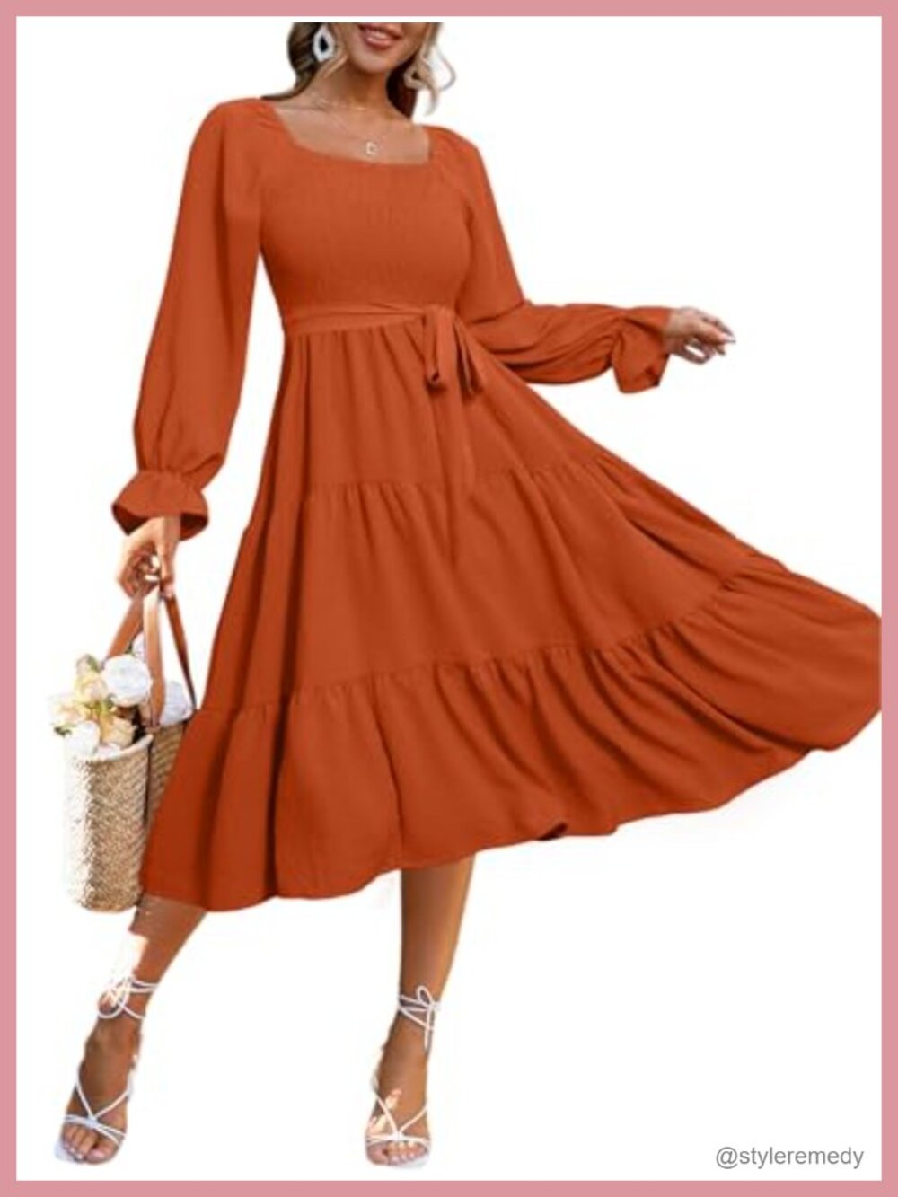 Simplee Womens Long Sleeve Maxi Dress Smocked Square Neck Flowy A-Line Casual
